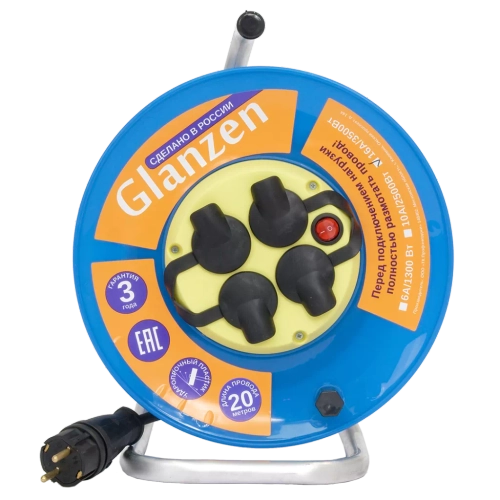 Удлинитель силовой на катушке GLANZEN с выкл. 4 гн. КГ 3х2,5 IP44 арт. EB-20-011