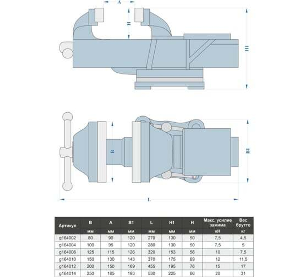 Слесарные тиски GRIFF 125 мм, поворотные, стальные, с наковальней 7.5кг g164006