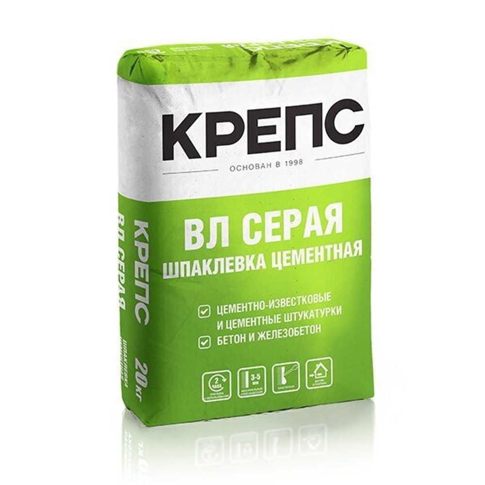 Шпаклевка цементная КРЕПС ВЛ Серая для внутренних и наружных работ, слой до 5 мм, 20 кг, шт