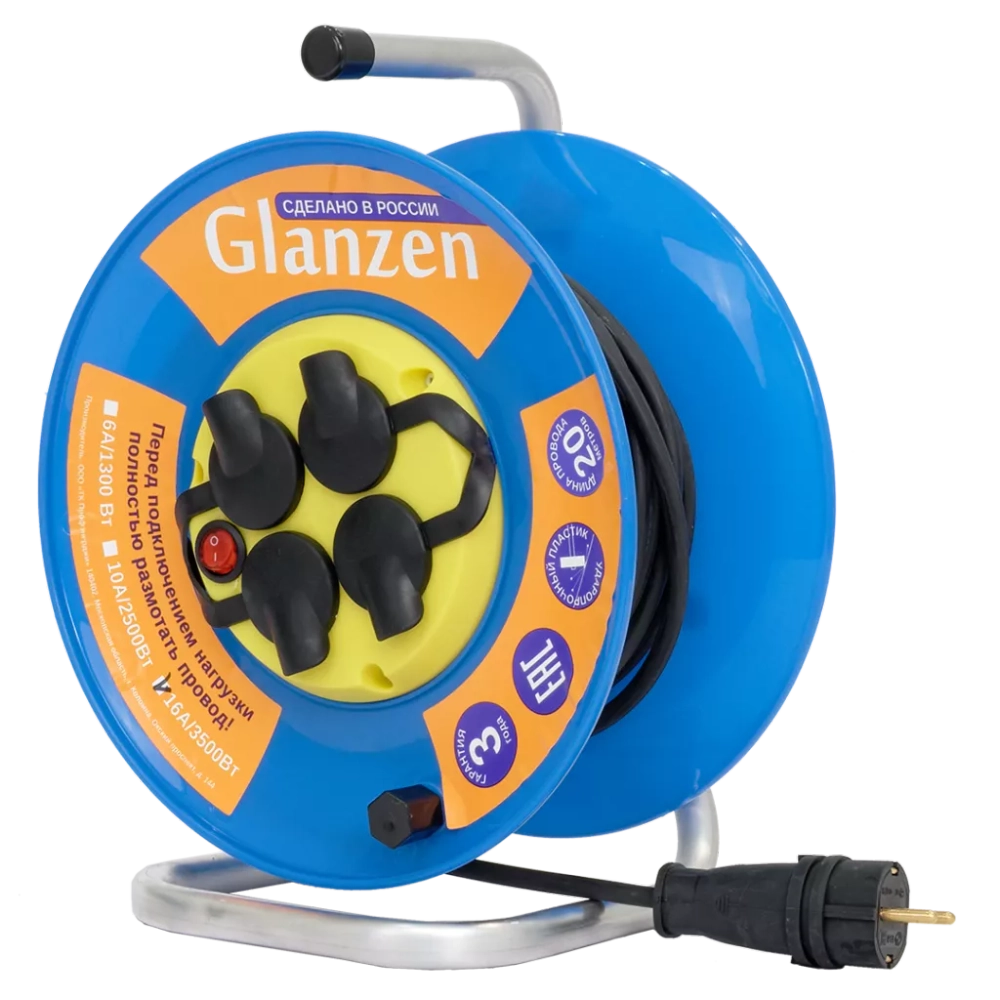Удлинитель силовой на катушке GLANZEN с выкл. 4 гн. КГ 3х1,5 IP44 арт. EB-20-009