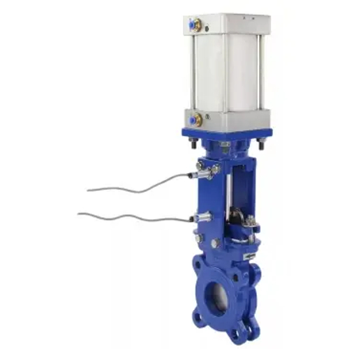 Задвижка шиберная DN.ru GVKR1331M-1W-Fb-2P Ду100 Ру16 межфланцевая, шпиндель - выдвижной, корпус - чугун GGG40, уплотнение - металл, с пневмоприводом, WENZ, индукц.датчиками LJ12A3-4-Z/EX 24В