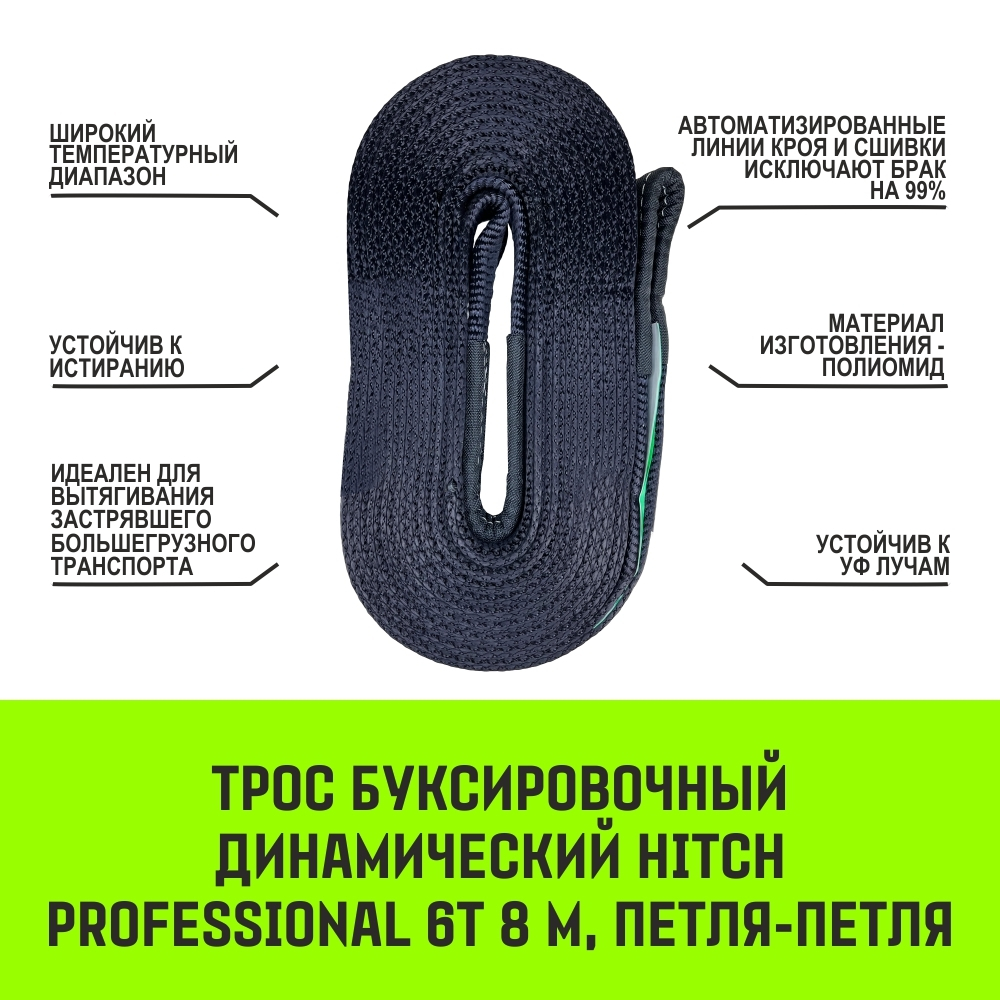 Трос буксировочный динамический HITCH PROF Лента, масса авто 1,7 т, разрывная 5 т, 6 м, 2 скобы