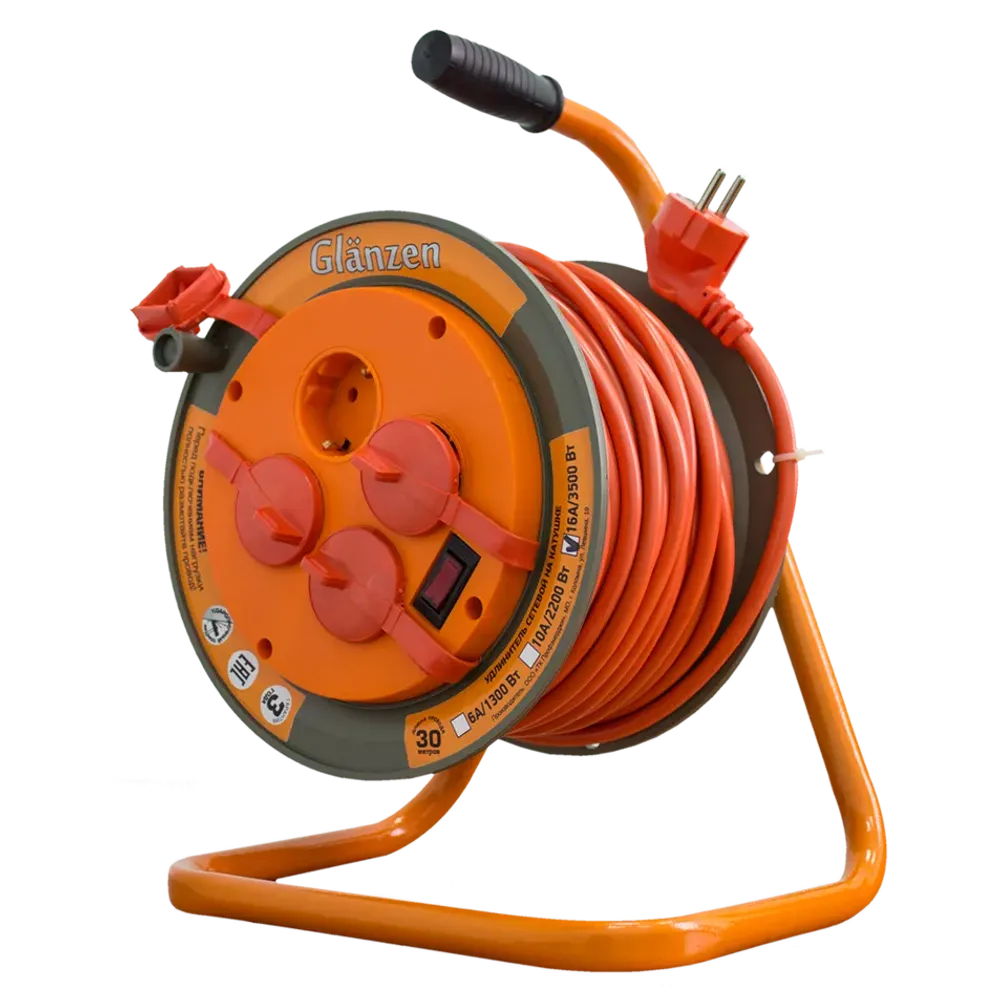 Удлинитель силовой на катушке GLANZEN 4 гн. ПВС 3х1,5 IP44 арт. EB-30-008