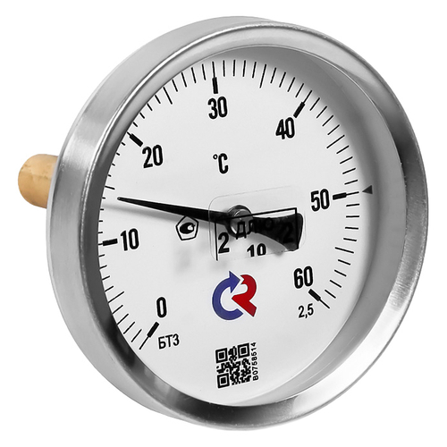 Термометр осевой Росма БТ-31.211 до 6G°С L=64мм M2Gx1.5 2.5 биметаллический общетехнический 63 мм, тип БТ-31.211, осевое присоединение, шкала G-6G°С, длина штока L=64 мм, резьба M2Gx1.5, класс точности 2.5, с защитной латунной погружной гильзой