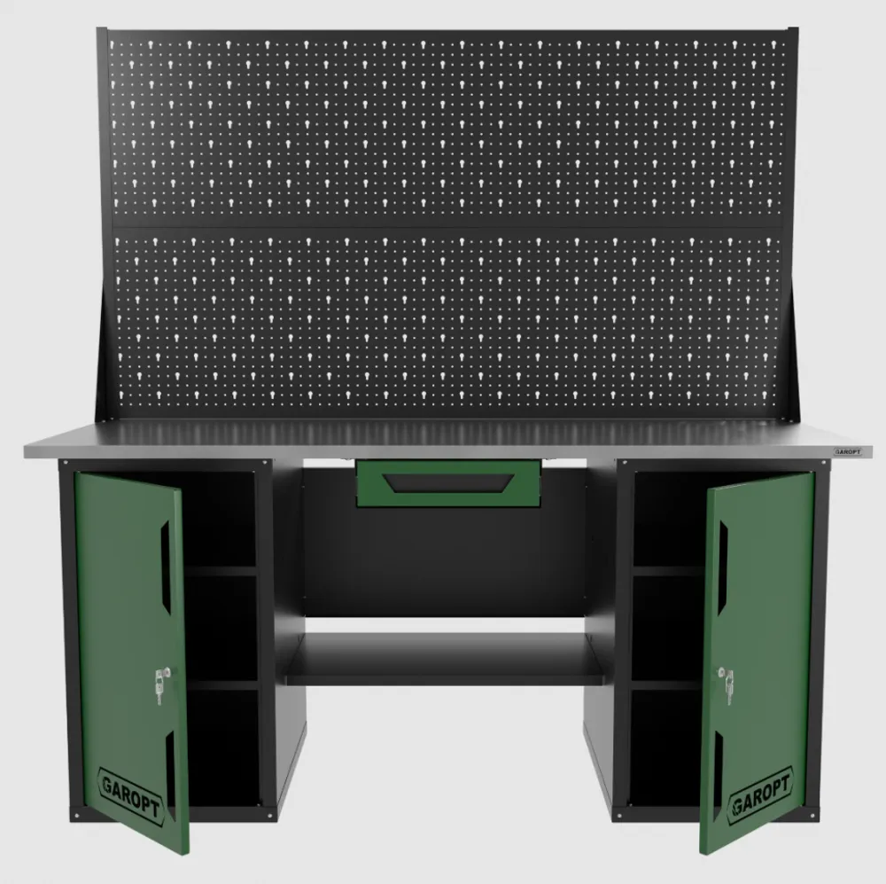 Верстак двухтумбовый с двумя экранами и ящиком, зеленый 1800*700 Garopt, GT1800DDY1PP2.green