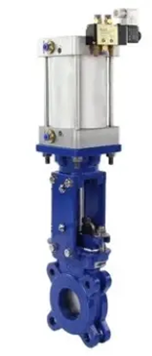 Задвижка шиберная ножевая DN.ru GVKR1331E-2W-Fb-2P Ду300 Ру6 двусторонняя, межфланцевая, клин - однодисковый, шпиндель - выдвижной, корпус - чугун, уплотнение - EPDM, с пневмоприводом, пневмораспределителем 4V210-08 24В