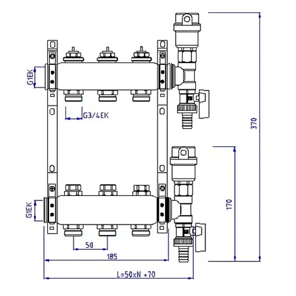 Группа коллекторная без расходомеров 3 отвода 1"в/в x ¾"ек Valtec VTc.588.EMNX.0603