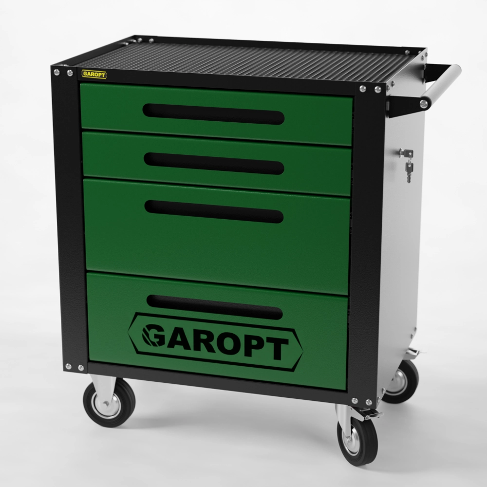 GTS4.green Тележка инструментальная Garopt 4 ящиков ЗЕЛЕНАЯ, центральный замок, увеличенные колеса, доводчики, GAROPT Серия "Standart"