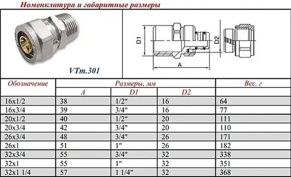 Муфта компрессионная переходная 16мм x ½"н Valtec VTm.301.N.001604