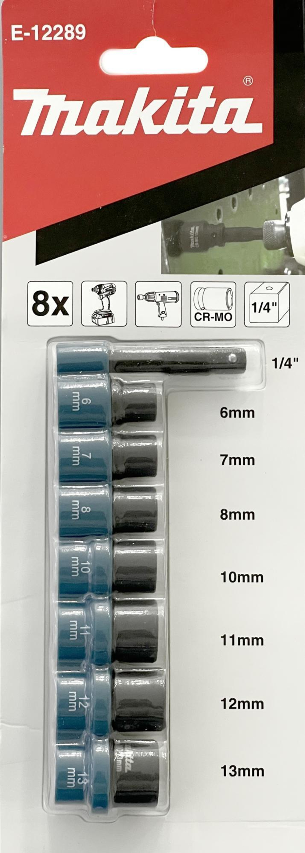 Набор ударных торцовых головок (6, 7, 8, 10, 11, 12, 13) адаптер 1/4, E-Form, 8 шт Makita E-12289