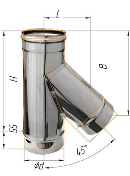 Тройник Феррум угол 135°, нержавеющий (439/0,8мм), ф120, по воде