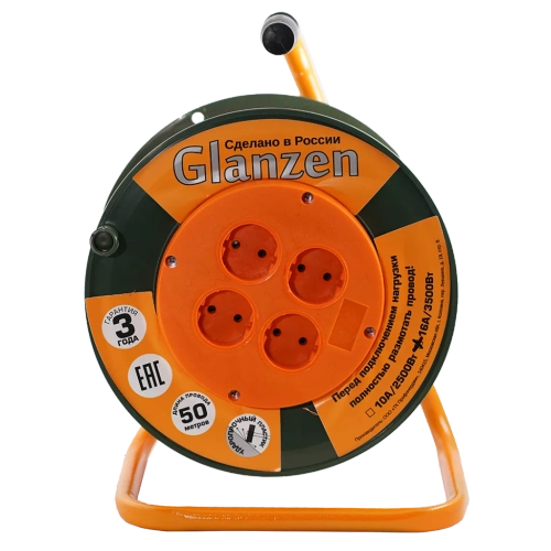Удлинитель силовой на катушке GLANZEN 4 гн. ПВС 2х1,5 арт. EB-50-006