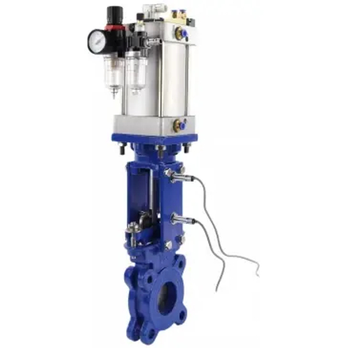 Задвижка шиберная DN.ru GVKR1331E-1W-Fb-2P Ду80 Ру16 межфланцевая, шпиндель - выдвижной, корпус - чугун GGG40, уплотнение - EPDM, с пневмоприводом, WENZ, пневмораспределителем 4V210-08 220В, индукц.датчиками LJ12A3-4-J/EZ 220В и БПВ AFC2000