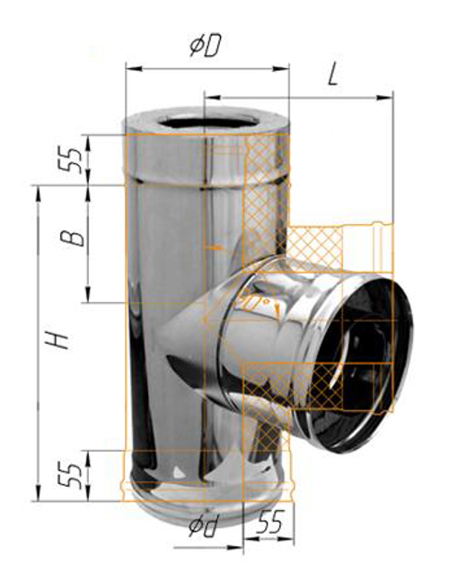 Тройник Феррум утепленный угол 90° нержавеющий (430/0,5мм)/оцинкованный, ф110/200, по воде