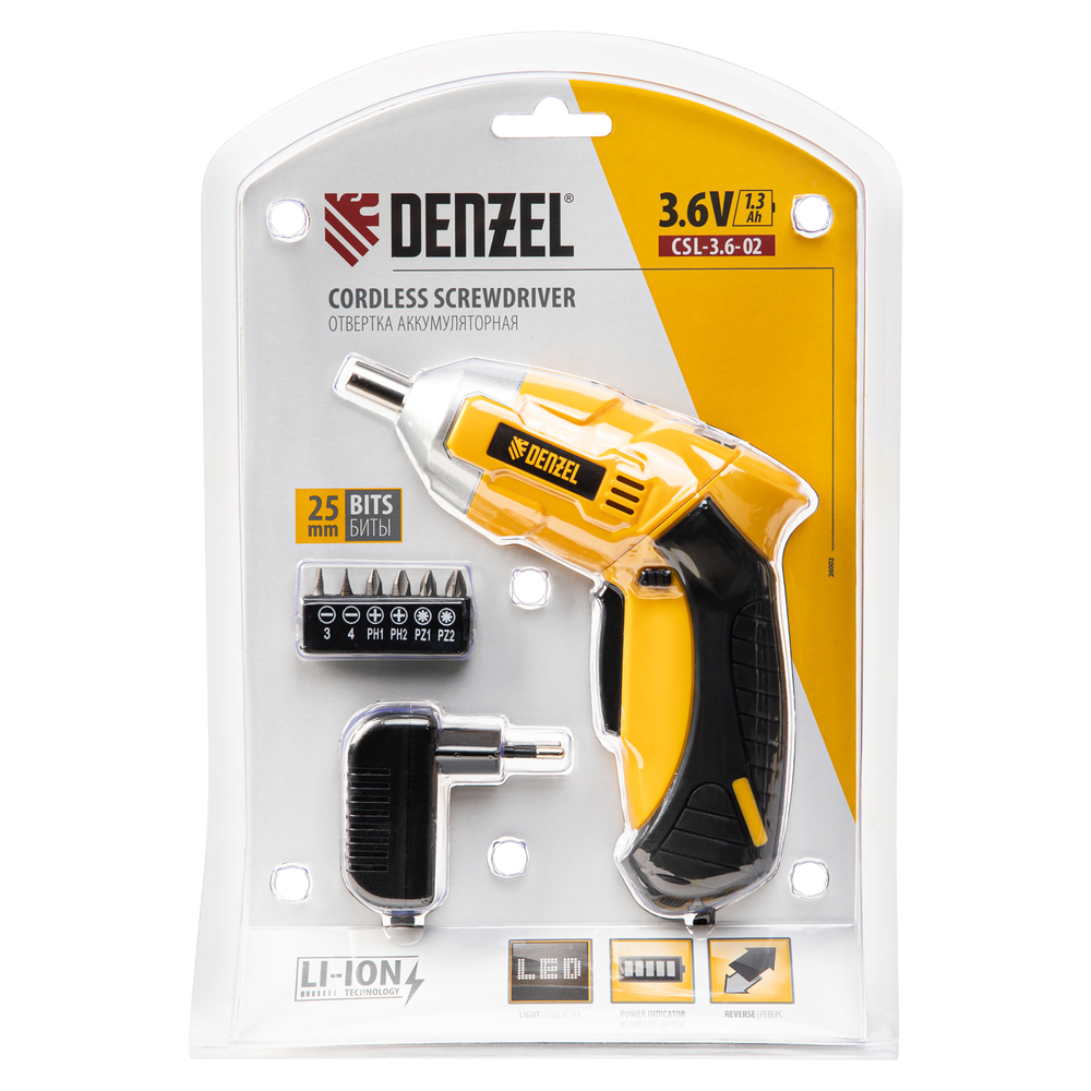 Отвертка аккумуляторная CSL-3.6-02, Li-Ion, 3.6 В, 1.3 А*ч, в блистере Denzel