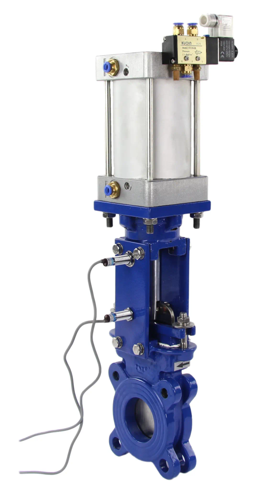 Задвижка шиберная ножевая DN.ru GVKR3431M-1W-Fb-2P Ду200 Ру10 односторонняя, межфланцевая, клин - однодисковый, шпиндель - выдвижной, корпус - сталь, уплотнение - металл, с пневмоприводом, пневмораспределителем 4V210-0824В, индукц. датчиками LJ12A3-4-J