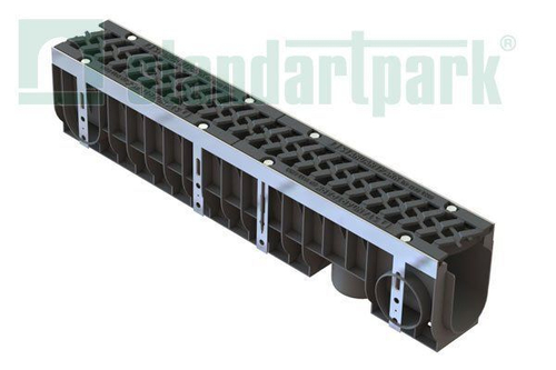 Лоток водоотводный PolyMax Drive DN100 h216 пластиковый с решеткой щелевой чугунной ВЧ кл.Е (комплект)