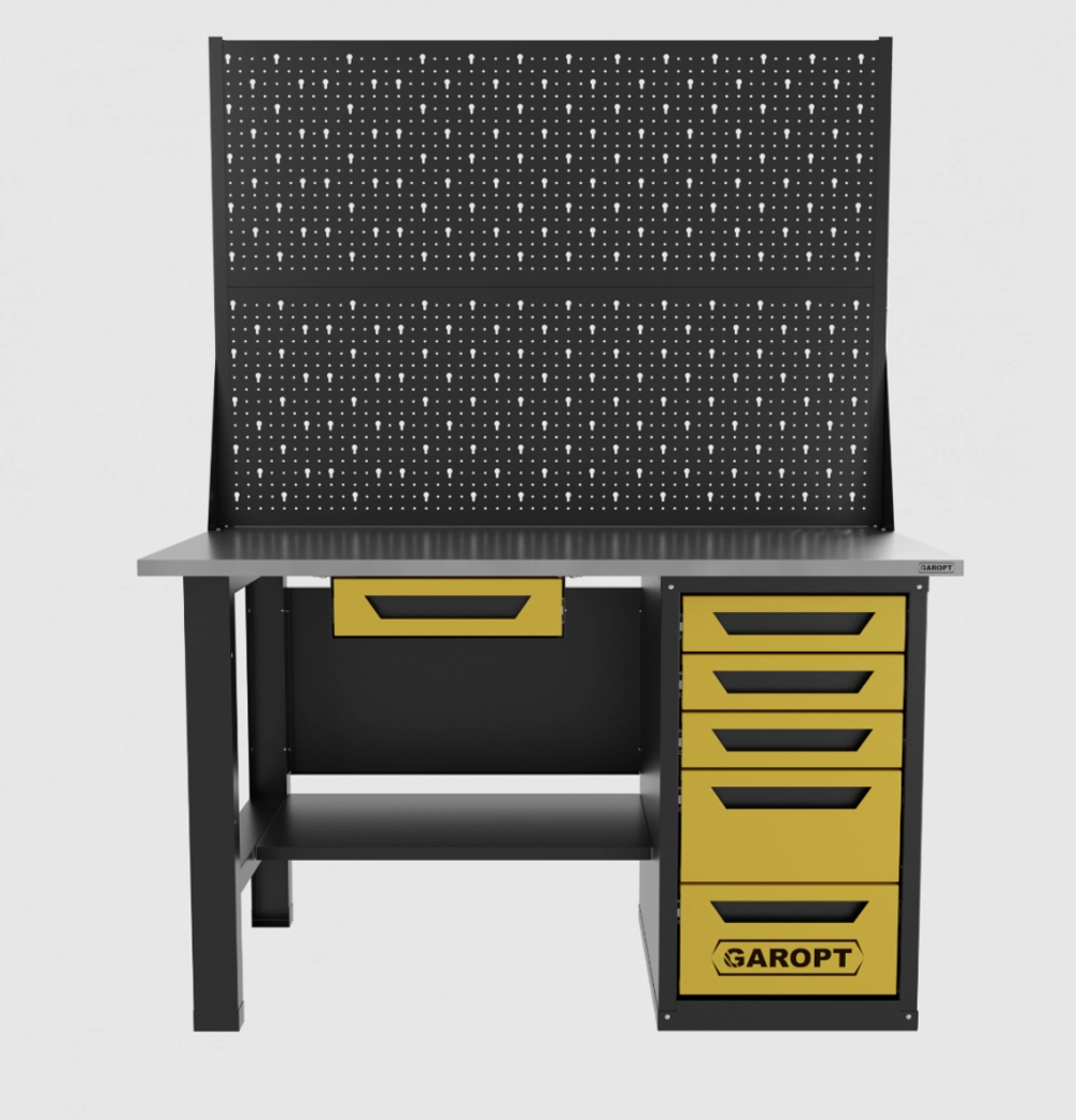 Верстак однотумбовый 5 ящиков с двумя экранами и ящиком, желтый 1400*700 Garopt, GT1400STY1Y5PP2.yell