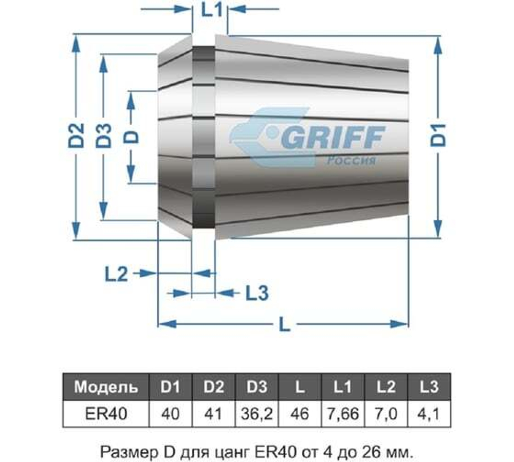 Патрон цанговый GRIFF MSB5-ER40 хвостовик конус Морзе, DIN228-A, с набором цанг 23шт (4-26мм) M20 b220446