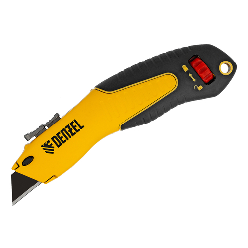 Нож 19мм сменное трапециевидное  лезвие, SK4, алюминиевый корпус, торцевой зажим Denzel