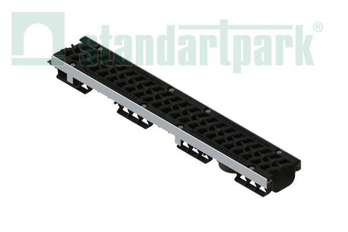 Лоток водоотводный PolyMax Drive DN100 h96 пластиковый с решеткой щелевой чугунной ВЧ кл. Е (комплект)