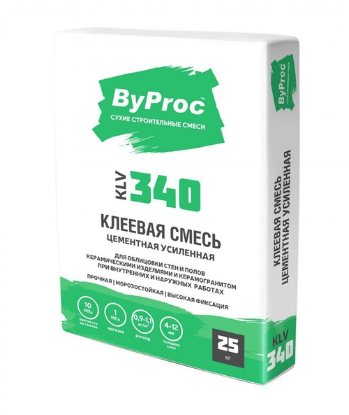 Клеевая смесь ByProc KLV-340 для плитки и керамогранита усиленная 25 кг, шт