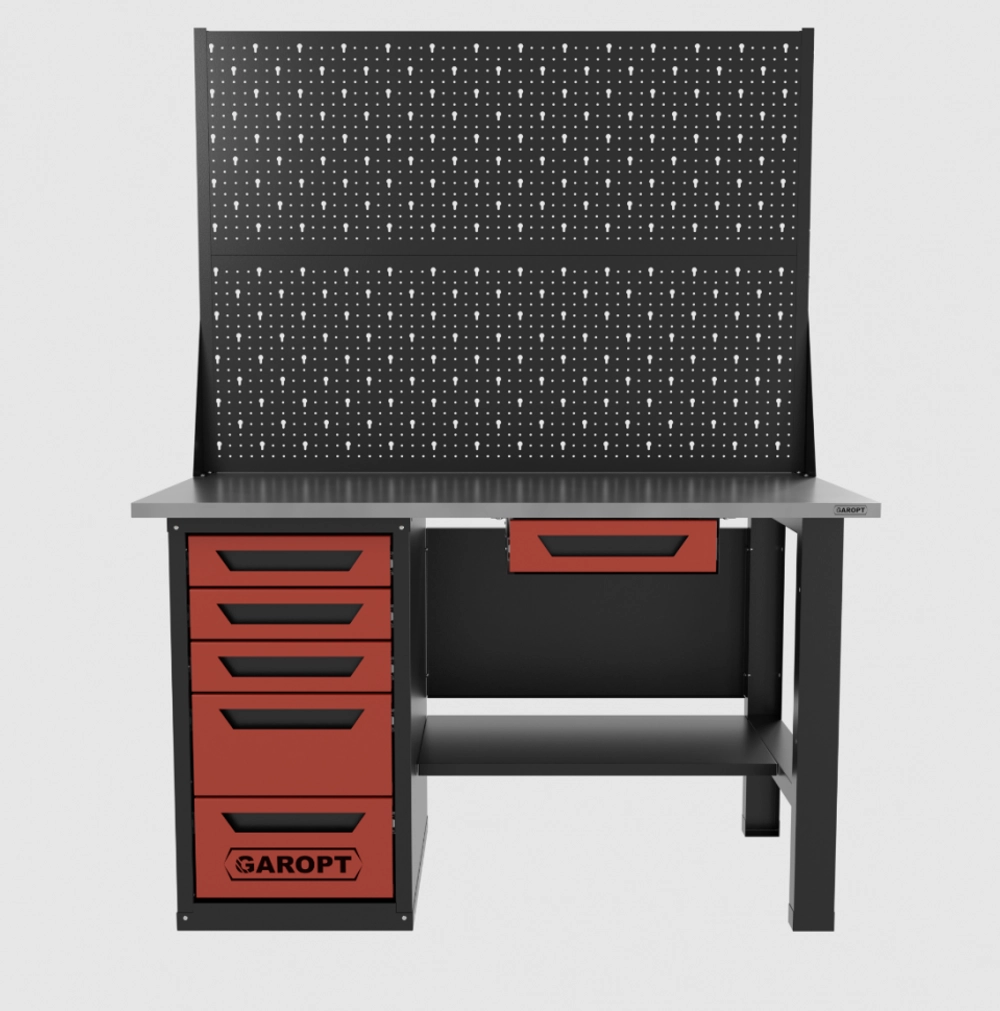 Верстак однотумбовый 5 ящиков с двумя экранами и ящиком, красный 1400*700 Garopt, GT1400STY1Y5PP2.red