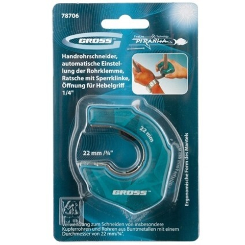 Труборез ладонный"Piranha", 22 мм, 3/4, автоматическая регулировка зажима трубы, трещотка с храповым механизмом, отверстие 1/4 Gross