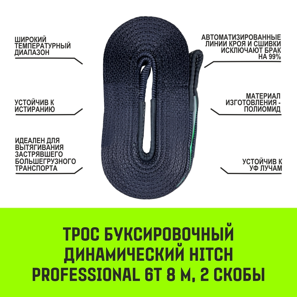 Трос буксировочный динамический HITCH PROF Лента, масса авто 1,7 т, разрывная 5 т, 6 м, 2 скобы
