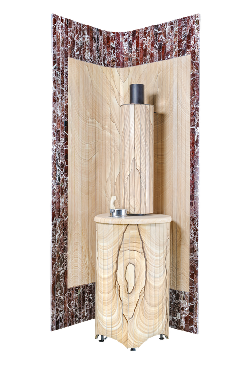 Угловой фасад для банной печи в каменной облицовке