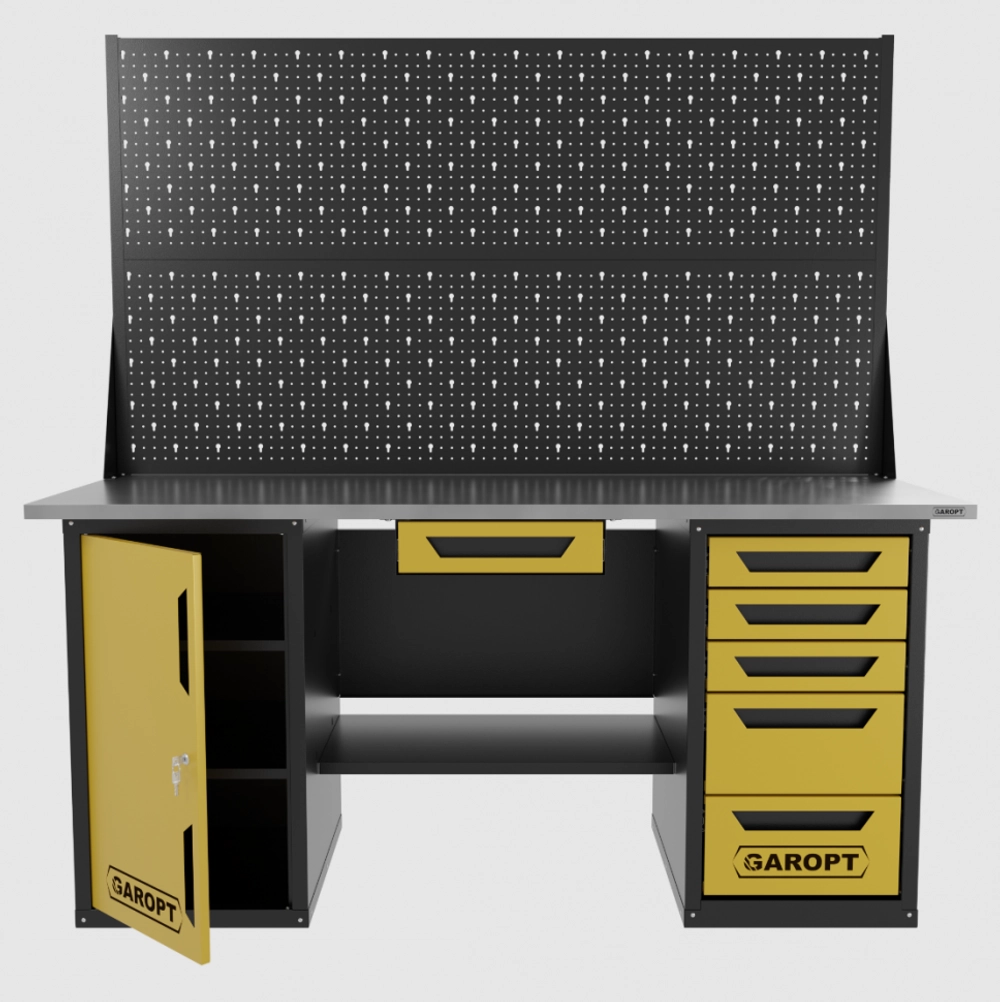 Верстак двухтумбовый дверь/5 ящиков с двумя экранами и ящиком, желтый 1800*700 Garopt, GT1800DY1Y5PP2.yell