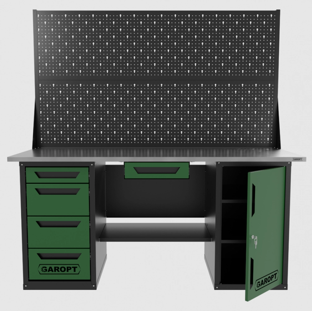Верстак двухтумбовый дверь/4 ящиков с двумя экранами и ящиком, зеленый 1800*700 Garopt, GT1800DY1Y4PP2.green