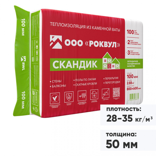Минеральная вата Роквул Лайт Баттс Скандик 28-35 кг/м3 800х600х50 мм, 12 шт/упак
