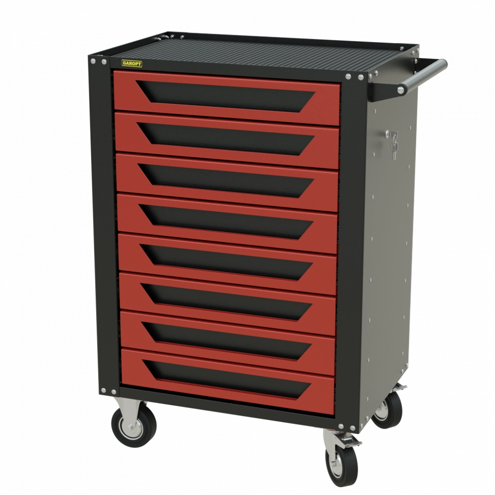 Тележка инструментальная Garopt 8 ящиков КРАСНАЯ, центральный замок, увеличенные колеса, доводчики, GAROPT Серия "High", высота 1040мм