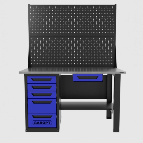 Верстак однотумбовый 5 ящиков с двумя экранами и ящиком, синий 1400*700 Garopt, GT1400STY1Y5PP2.blue