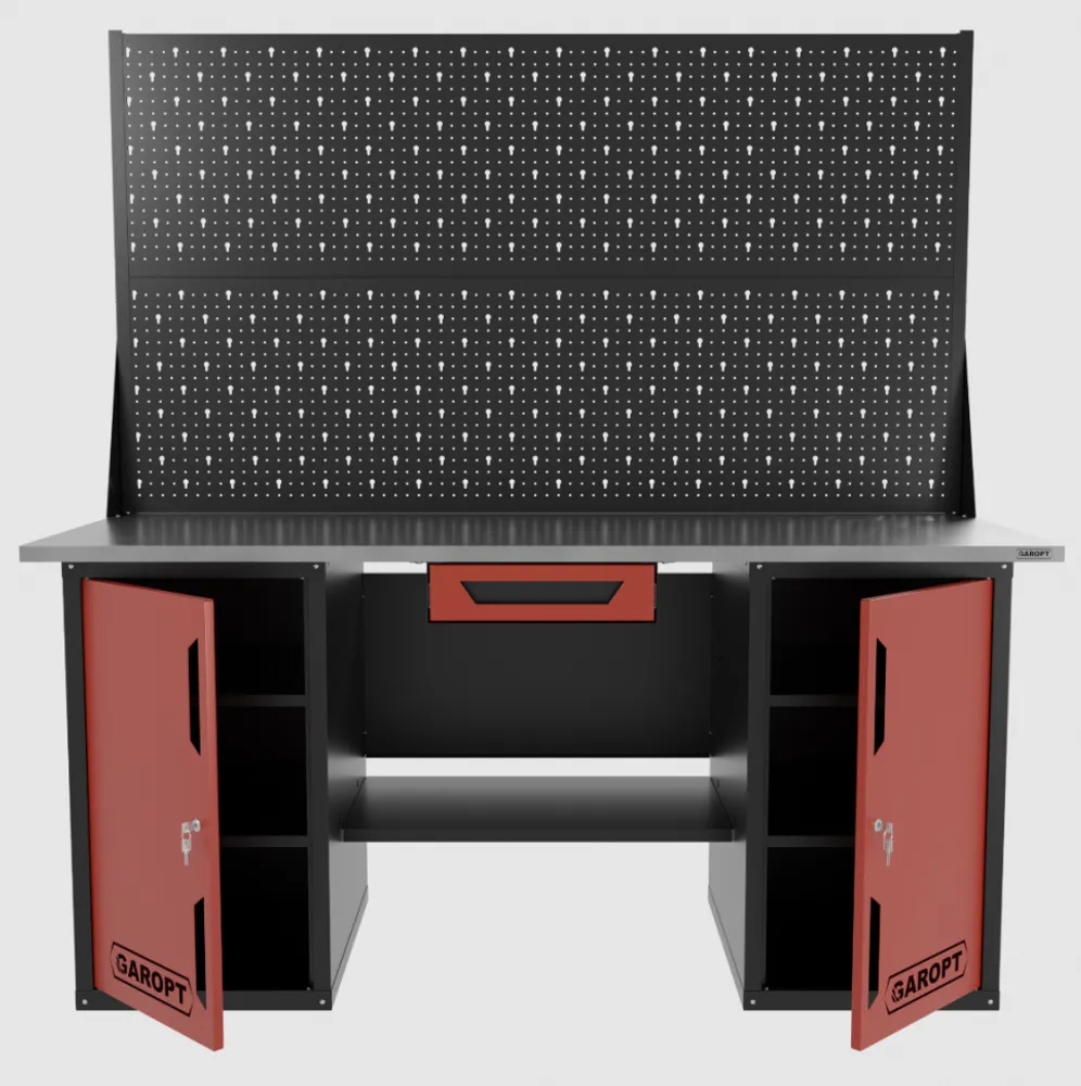 Верстак двухтумбовый с двумя экранами и ящиком, красный 1800*700 Garopt, GT1800DDY1PP2.red