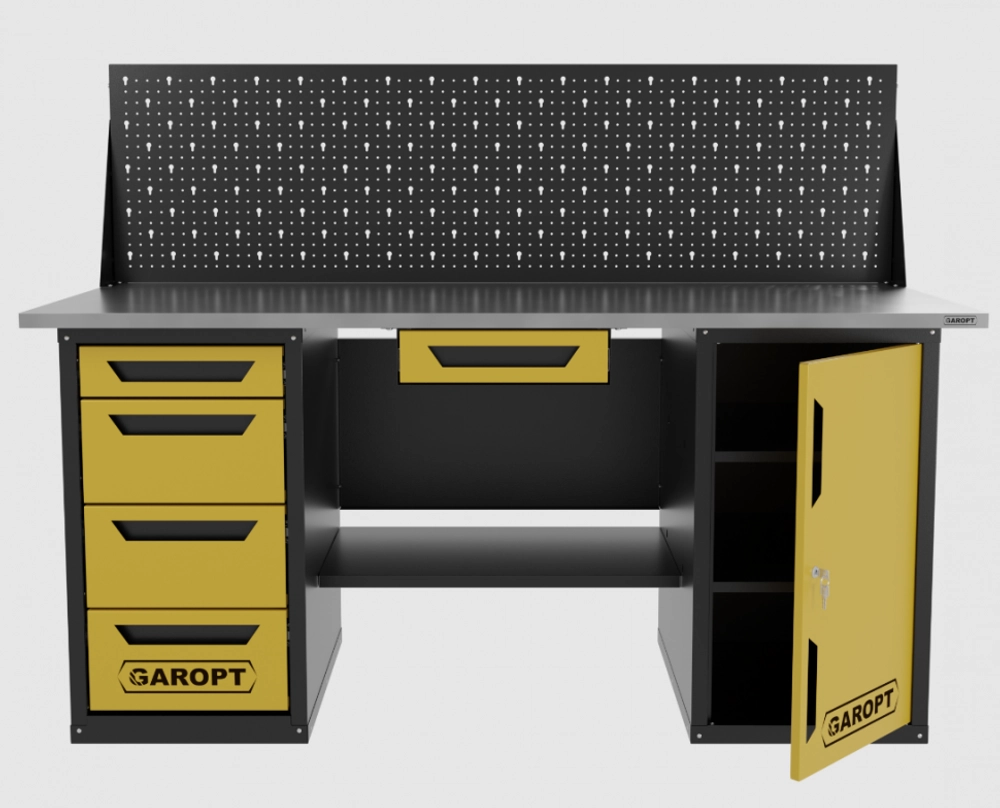 Верстак двухтумбовый дверь/4 ящиков с экраном и ящиком, желтый 1800*700 Garopt, GT1800DY1Y4PP.yell