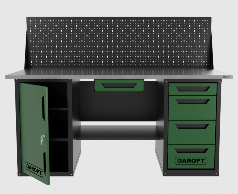 Верстак двухтумбовый дверь/4 ящиков с экраном и ящиком, зеленый 1800*700 Garopt, GT1800DY1Y4PP.green