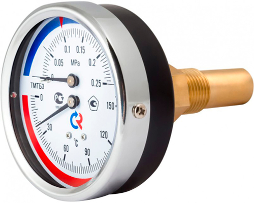 Термоманометр Росма ТМТБ-31Т.1 (G-12G°C) (G-2,5MПa) G1/2 2,5, корпус 8Gмм, тип - ТМТБ-31T.1, длина клапана 46мм, до 12G°С, осевое присоединение, G-2,5MПa, резьба G1/2, класс точности 2.5