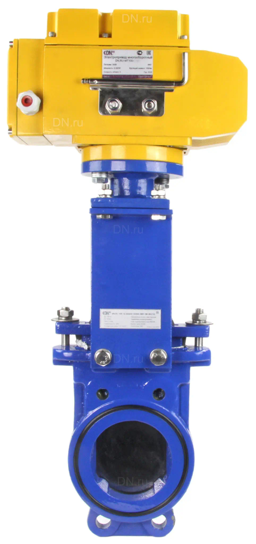 Задвижка шиберная ножевая DN.ru GVKN1331N-2W-Fb-ISO Ду100 Ру16 межфланцевая, с невыдвижным шпинделем, корпус - чугун GGG-40, уплотнение - NBR, с электроприводом DN.ru MT-N-010EM-О1-220AC-У1 220В