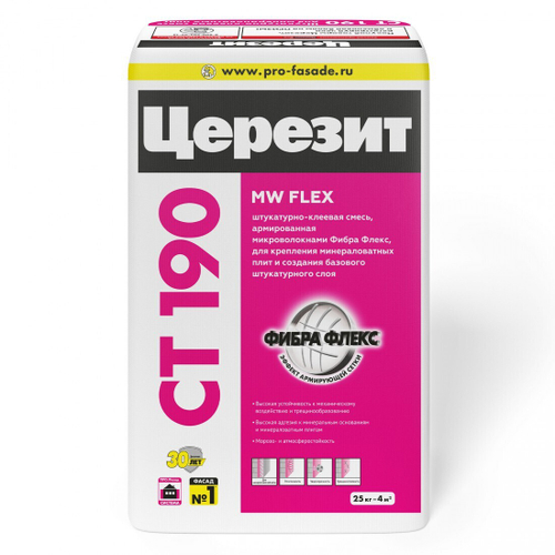 Штукатурно-клеевая смесь Церезит CT 190 для минераловатных плит и создания армирующего слоя 25 кг, шт