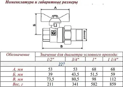 Кран шаровый с американкой ¾"в x ¾"н Valtec Base VT.227.N.05