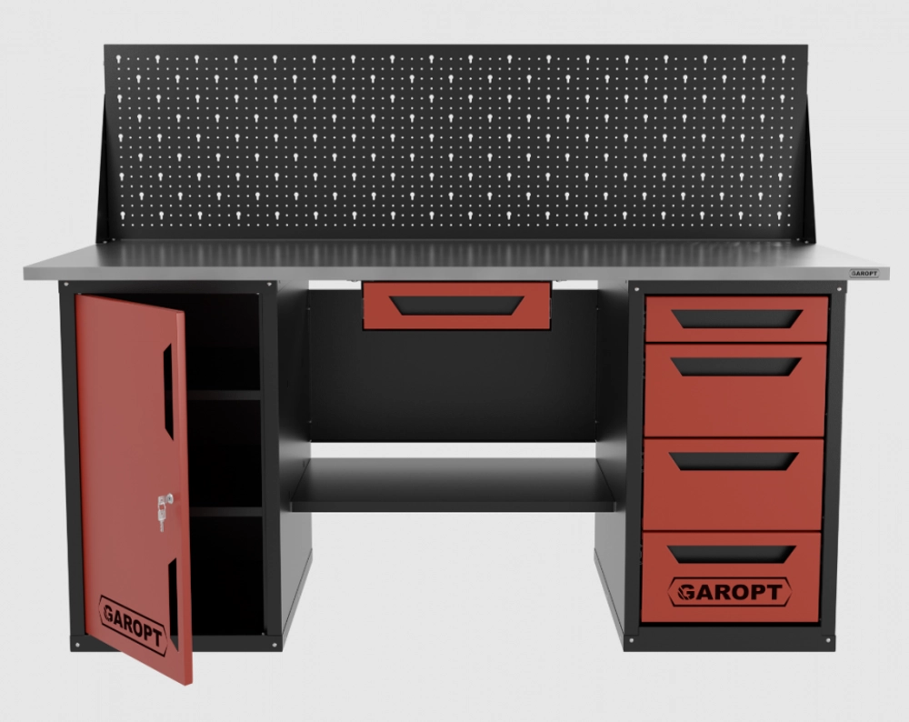 Верстак двухтумбовый дверь/4 ящиков с экраном и ящиком, красный 1800*700 Garopt, GT1800DY1Y4PP.red
