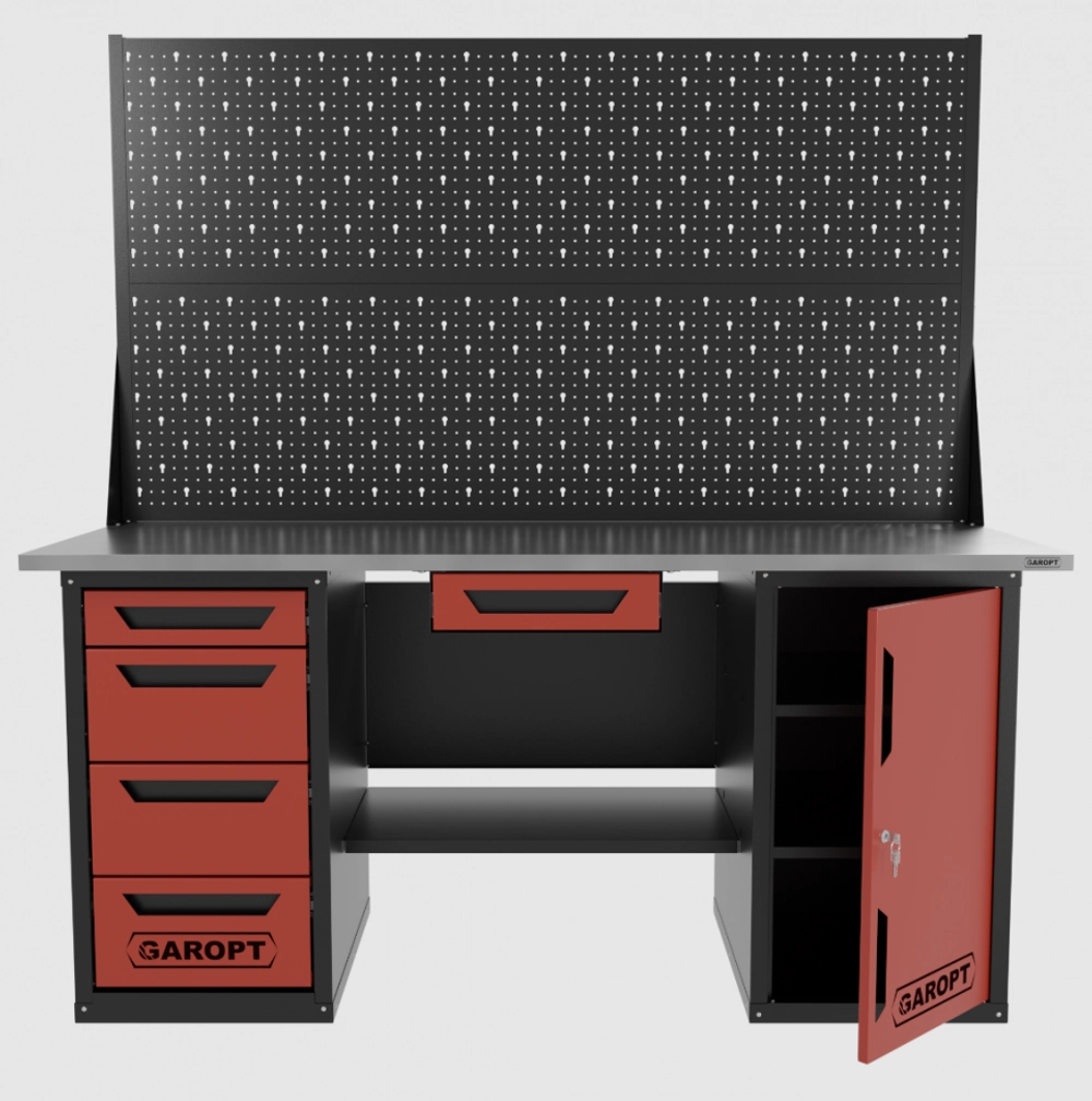 Верстак двухтумбовый дверь/4 ящиков с двумя экранами и ящиком, красный 1800*700 Garopt, GT1800DY1Y4PP2.red