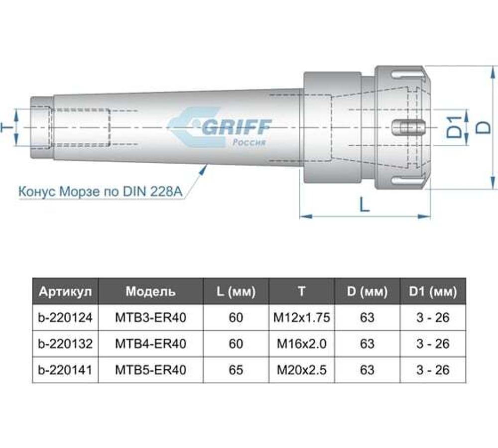 Патрон цанговый MSB3-ER40, хвостовик конус Морзе, DIN228-A, с набором цанг 15 шт. 4-26 мм GRIFF b220324