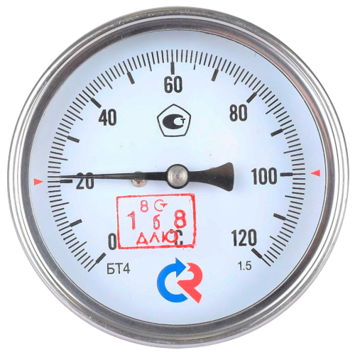 Термометр осевой Росма БТ-41.211 до 16G°С L=46мм G1/2 1.5 биметаллический общетехнический 8G мм, тип БТ-41.211, осевое присоединение, шкала G-16G°С, длина штока L=46 мм, резьба G1/2, класс точности 1.5, с защитной латунной погружной гильзой
