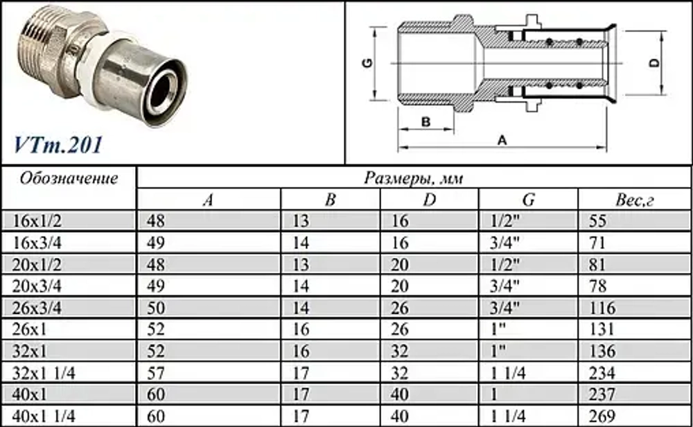 Муфта пресс переходная 40мм x 1¼"н Valtec VTm.201.N.004007