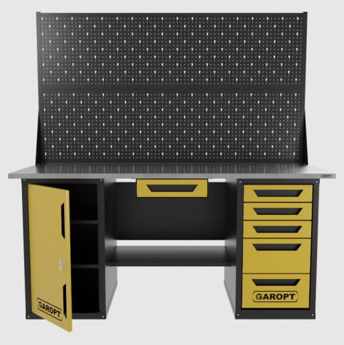 Верстак двухтумбовый дверь/5 ящиков с двумя экранами и ящиком, желтый 1800*700 Garopt, GT1800DY1Y5PP2.yell