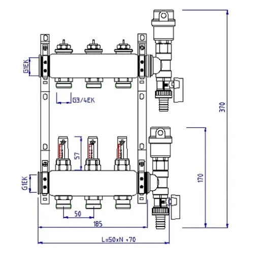 Группа коллекторная с расходомерами 4 отвода 1"в/в x ¾"ек Valtec VTc.589.EMNX.0604