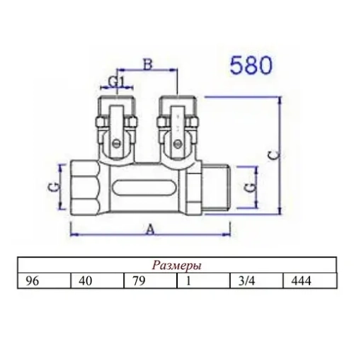 Коллектор запорный проходной 2 отвода 1"в/н x ¾"ек Valtec VTc.580.NE.0602